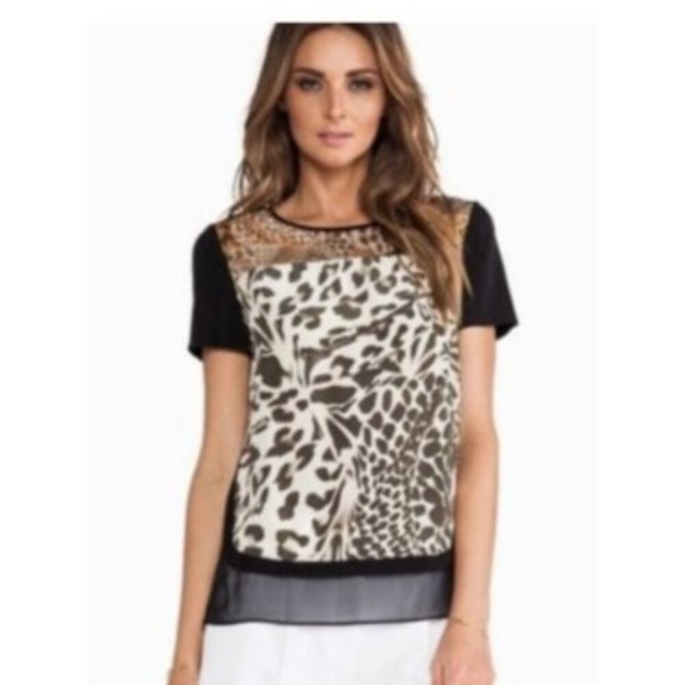 Diane Von Furstenberg Womens Animal Print Silk Top Size 8 Black Brown Short Slee